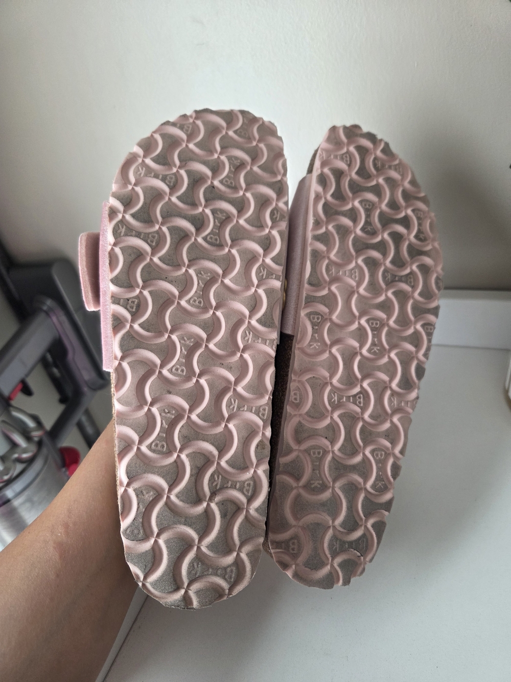 Birkenstock Pink Slide Sandals with Gold Buckles - Picture 14 of 16